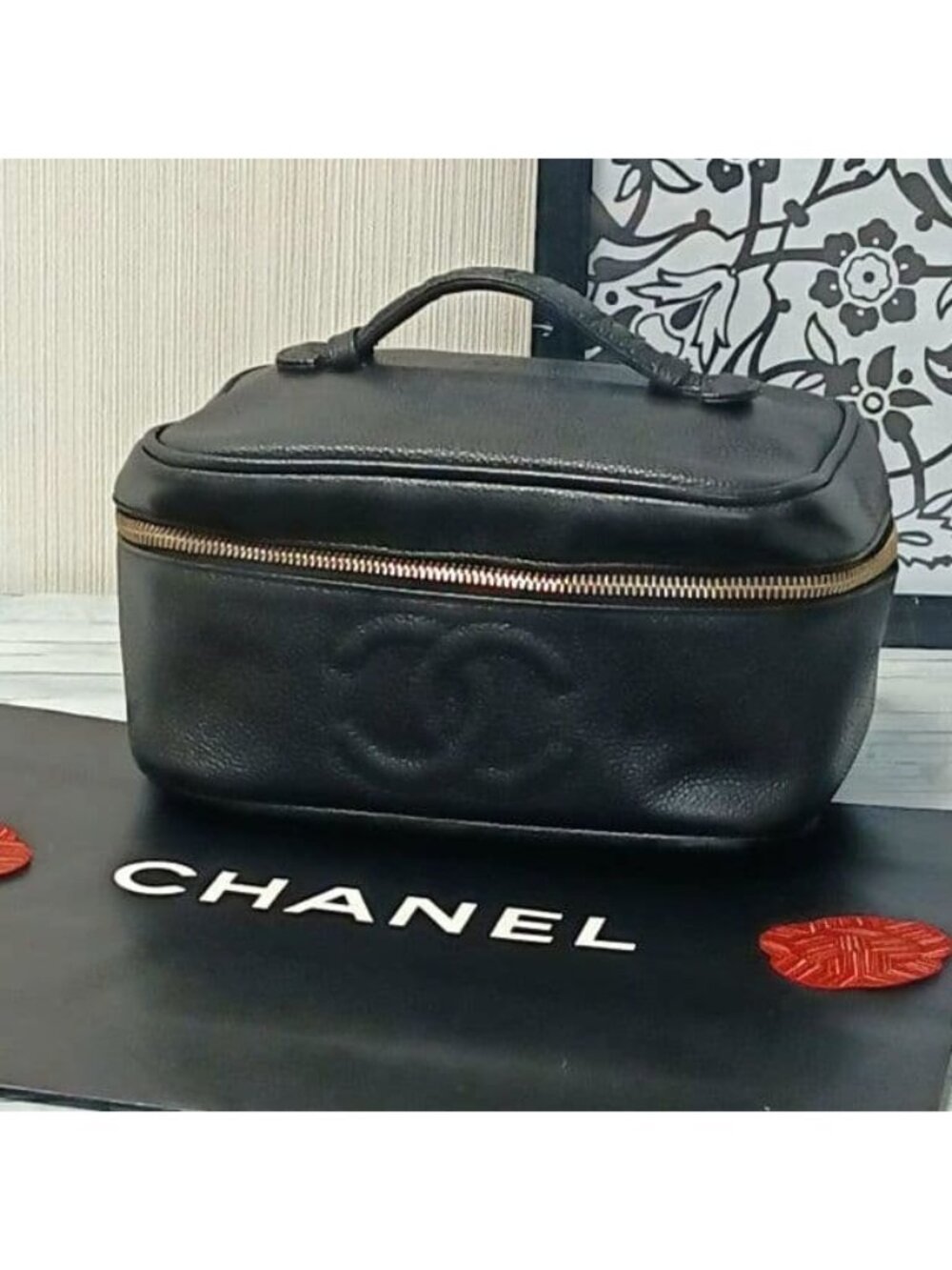 Chanel Vanity Pouch Caviar Leather Black CC Logo